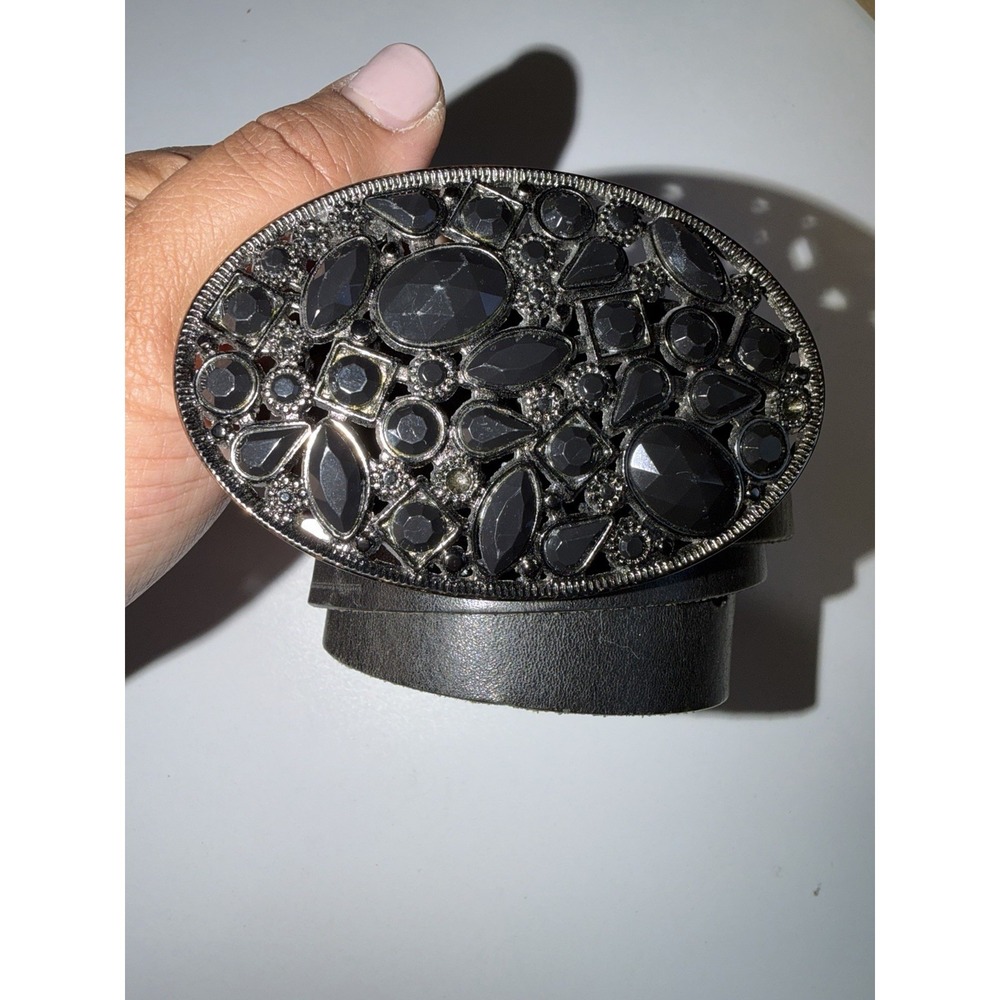 Express Black Leather‎ Black Rhinestone Buckle Cowboy Western Belt Women's Sz S